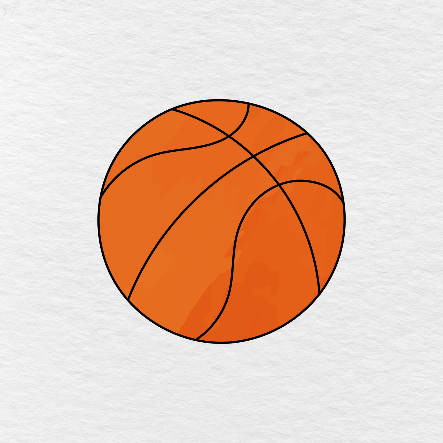 Step 6 Showing The Finished Basketball Drawing Colored Orange With Black Curved Lines.