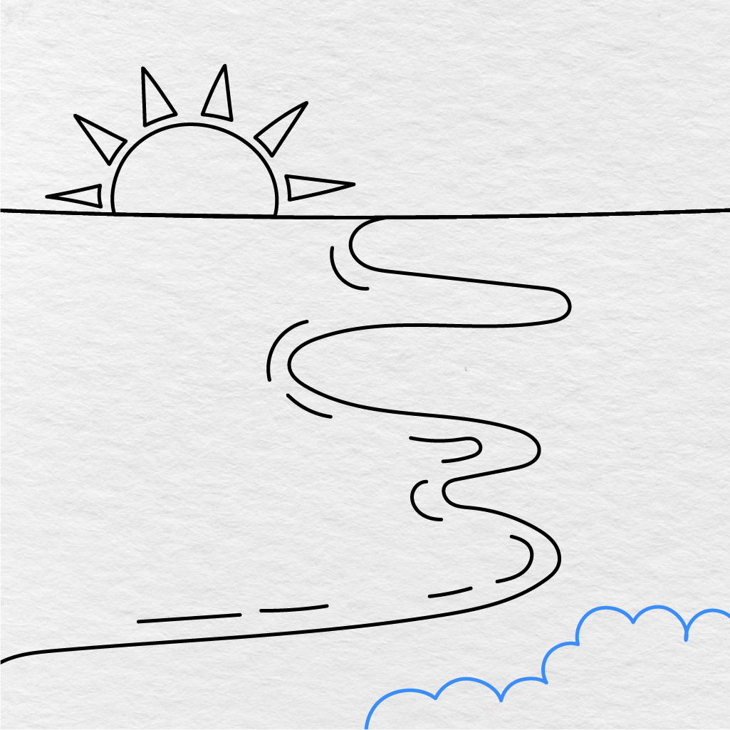 Step 5 Showing How To Draw A Beach With Rounded Bushes In The Lower Right Corner.