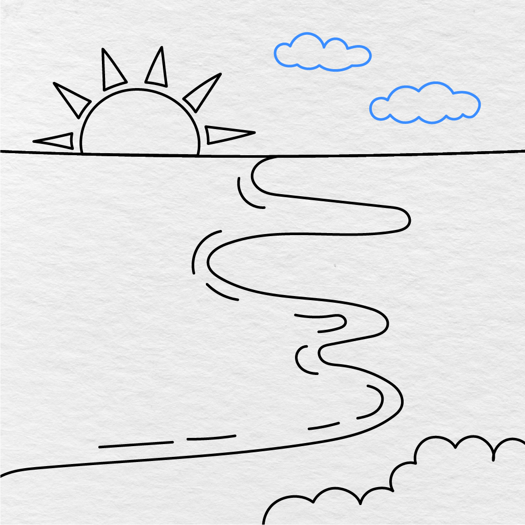 Step 6 Showing How To Draw A Beach With Two Small Rounded Clouds In The Sky.