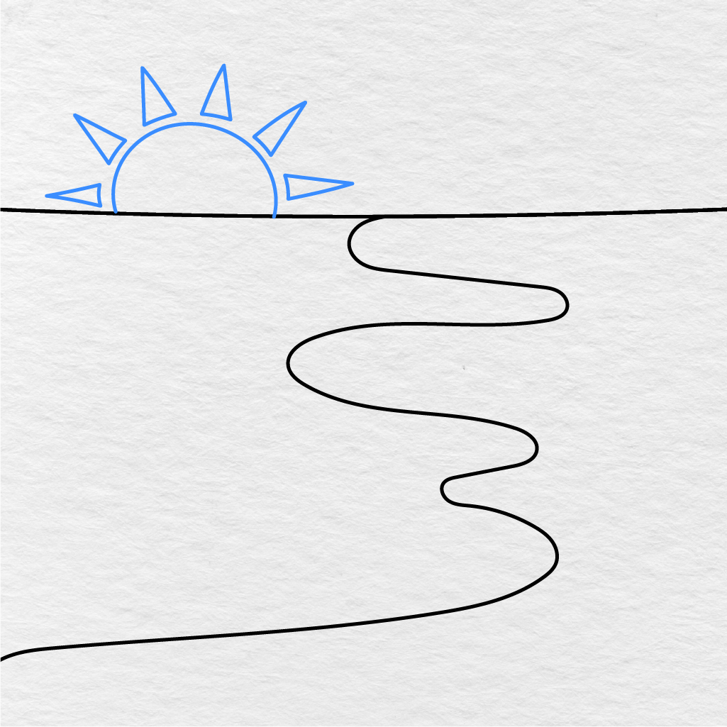 Step 3 Showing How To Draw A Beach With A Half Circle Sun And Triangle Shaped Rays.