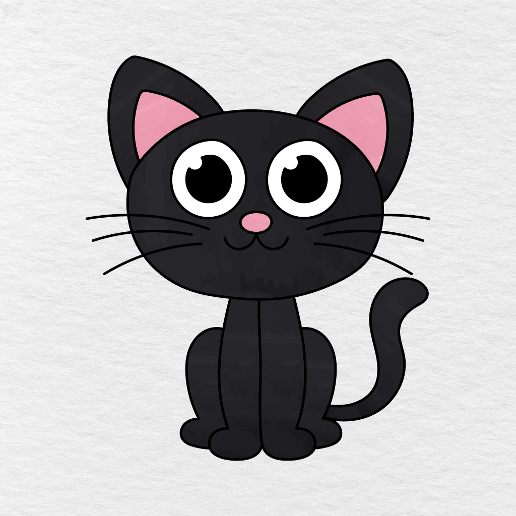 Step 11 Showing The Finished Cat Colored Black With Pink Inner Ears And Nose.