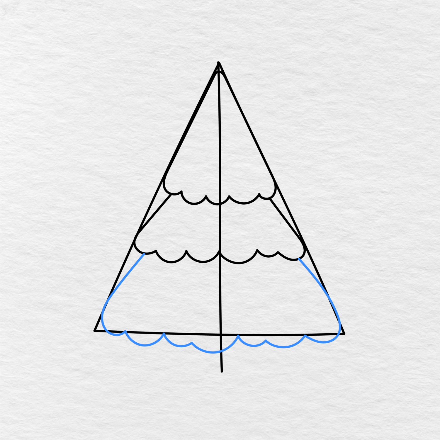 Step 4 Showing How To Draw A Christmas Tree With The Largest Bottom Tree Layer Added.