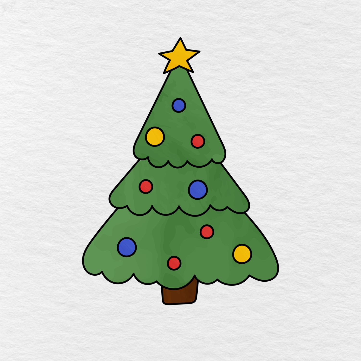 Step 9 Showing The Finished Christmas Tree Colored Green With A Yellow Star, Brown Trunk, And Colorful Ornaments.