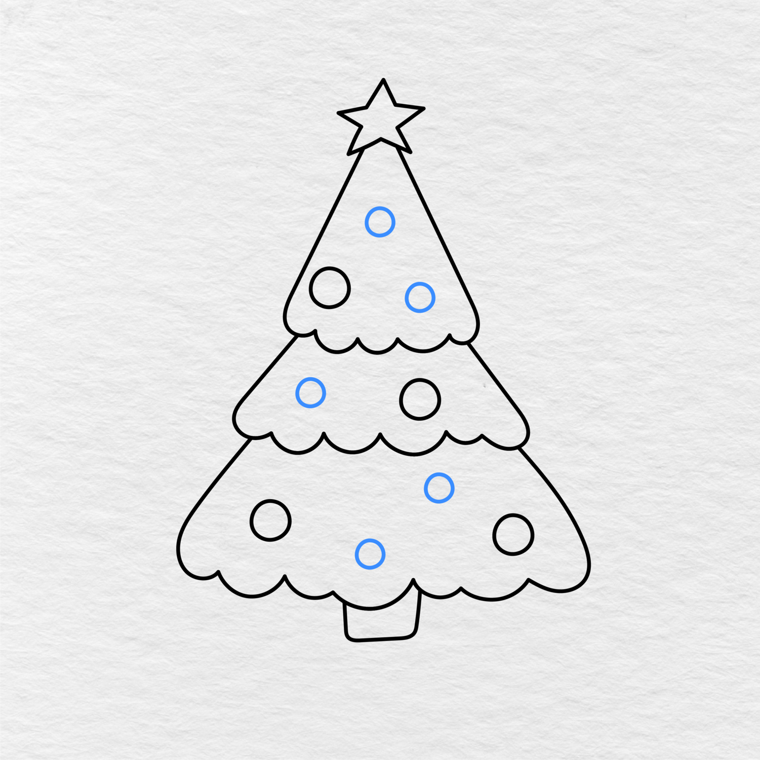 Step 8 Showing How To Draw A Christmas Tree With Nine Round Ornaments Spread Across The Tree.