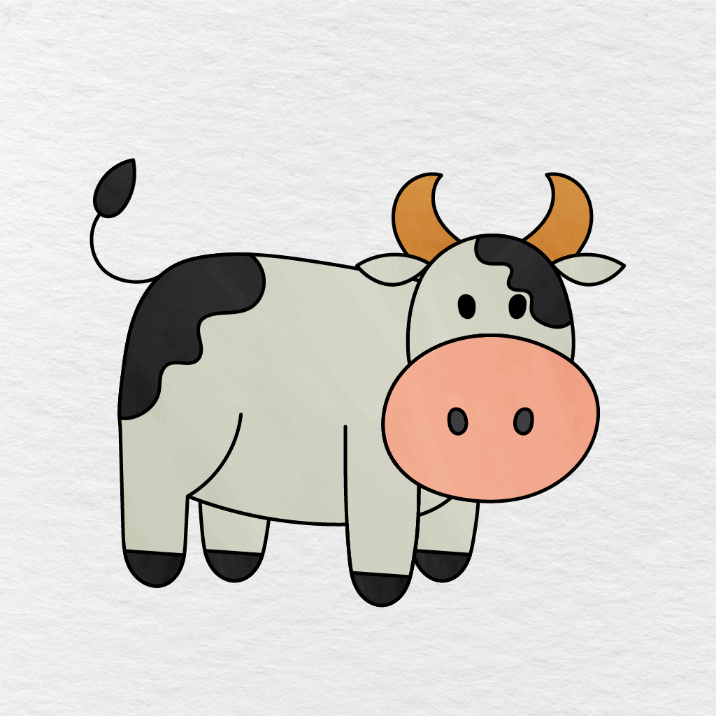 Finished Cow Drawing Colored With Light Cream, Black, Pink, And Orange.