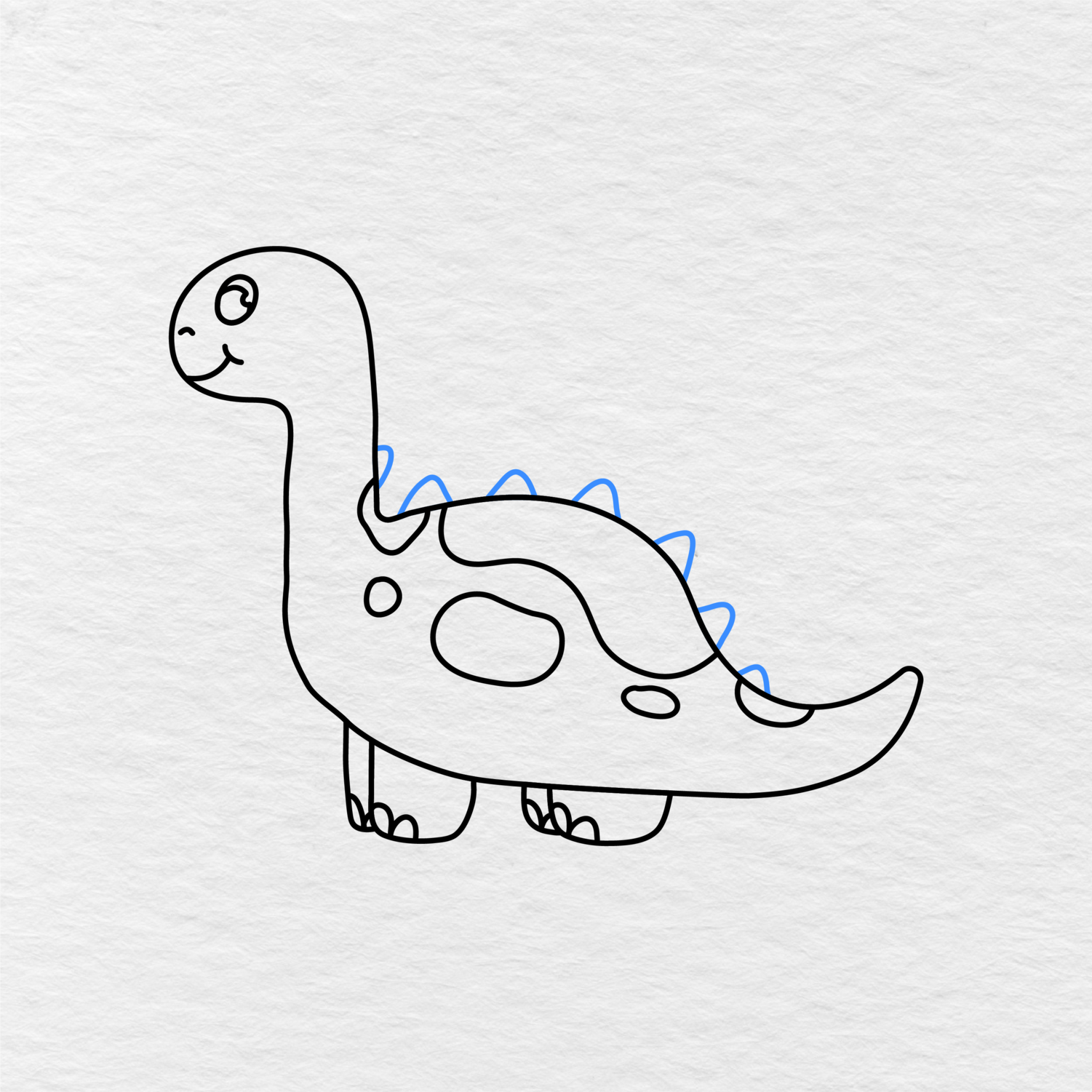 Step 5 Showing How To Draw A Dinosaur With The Back Spikes Added On The Tail And Body.