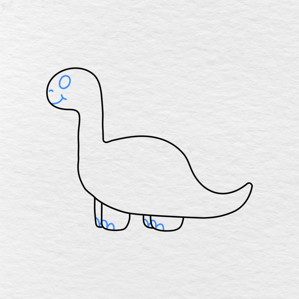 Step 3 Showing How To Draw A Dinosaur With The Face And Toes Added.