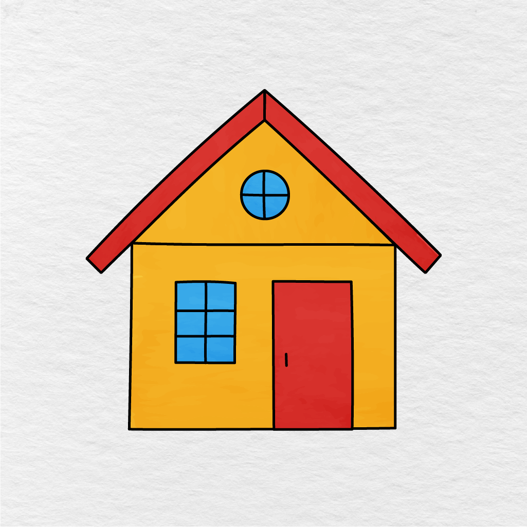 Step 7 Showing The Final Result Of A Colorful House Drawing With A Red Roof And Yellow Walls.