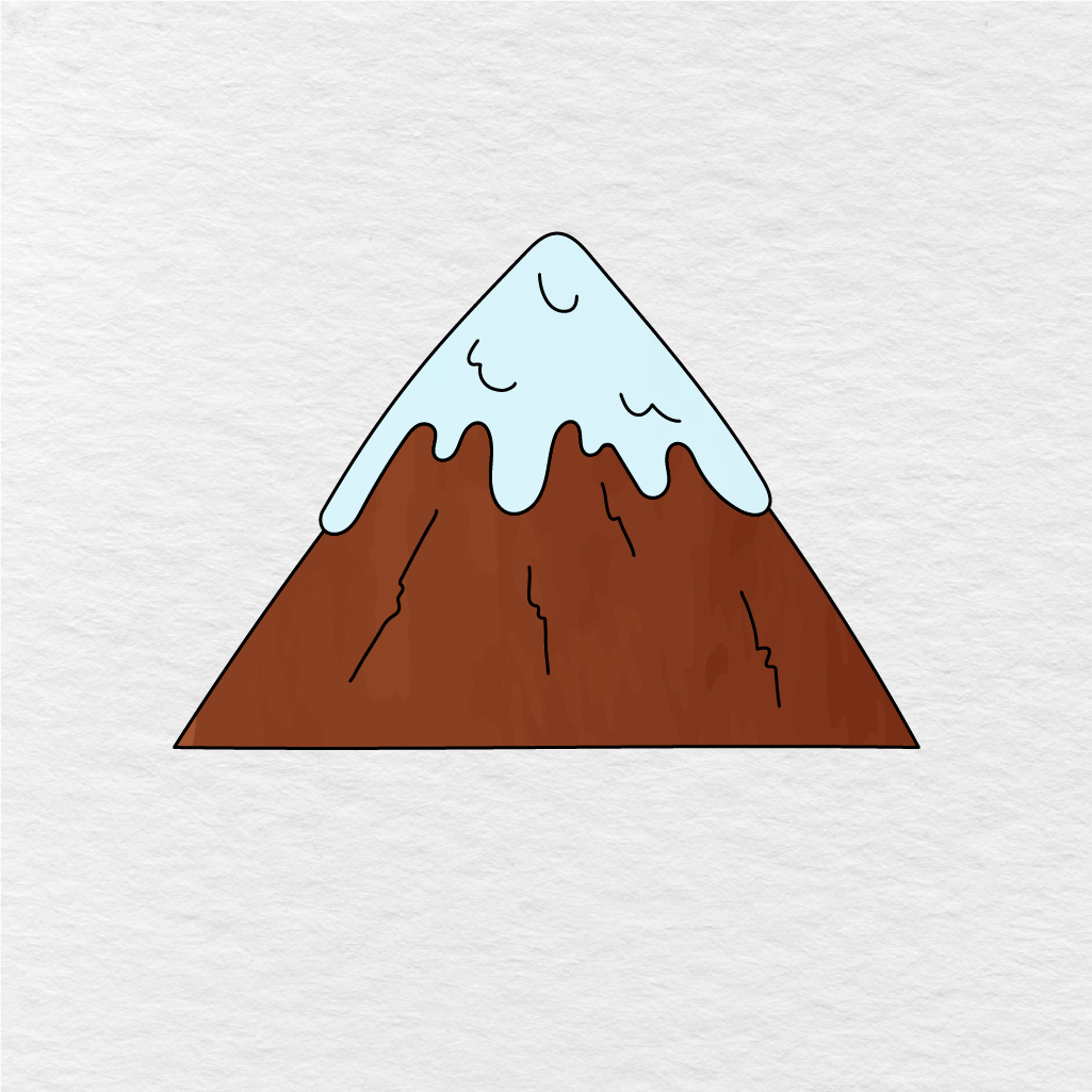 Step 5 Showing The Final Result Of A Brown Mountain Drawing With A Light Blue Snowy Top.