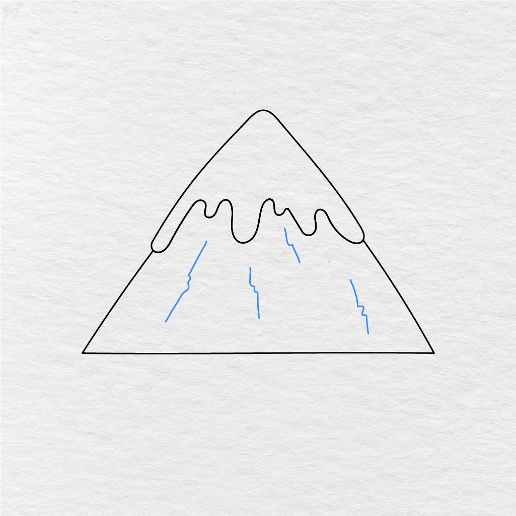 Step 3 Showing How To Draw A Mountain With Thin Rock Lines Going Down From The Snow.