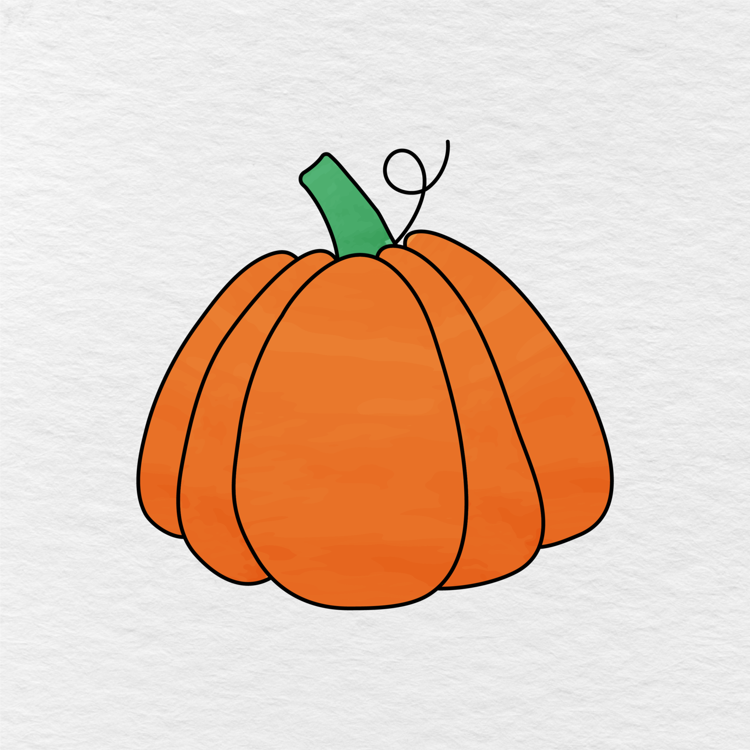 Step 6 Showing The Finished Pumpkin Drawing Colored Orange With A Green Stem And Black Vine.
