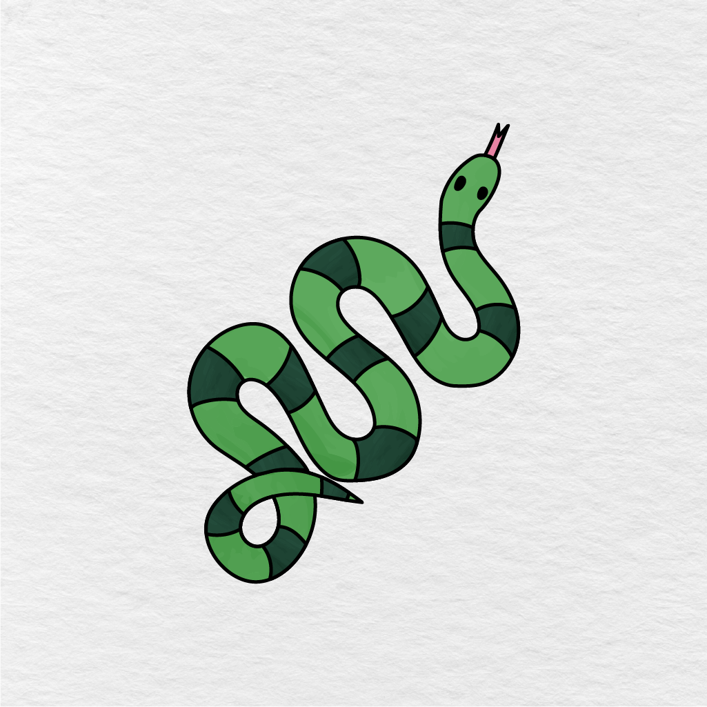 Step 8 Showing The Final Result Of A Green Snake Drawing With Dark Pattern Lines.