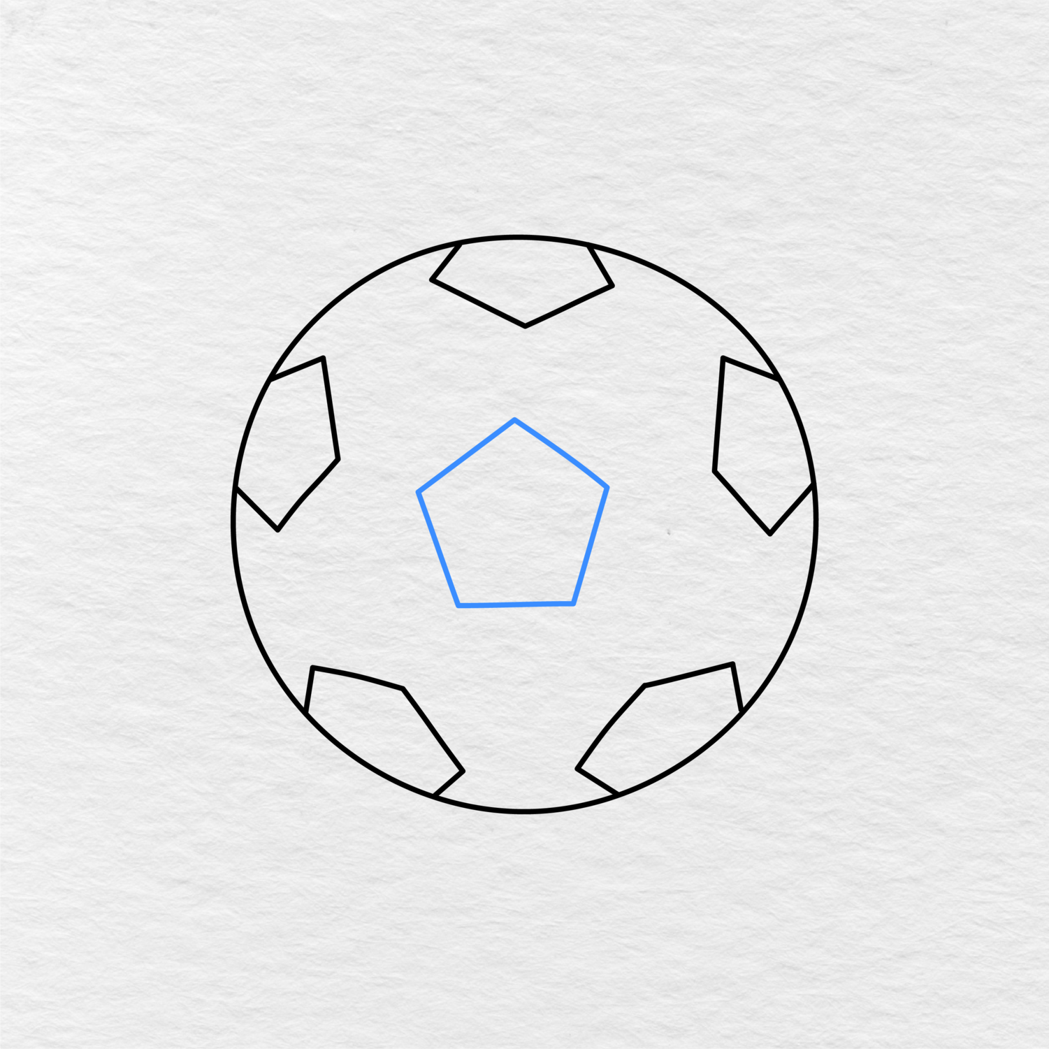 Step 4 Showing How To Draw A Soccer Ball With A Five Sided Shape Added In The Center.