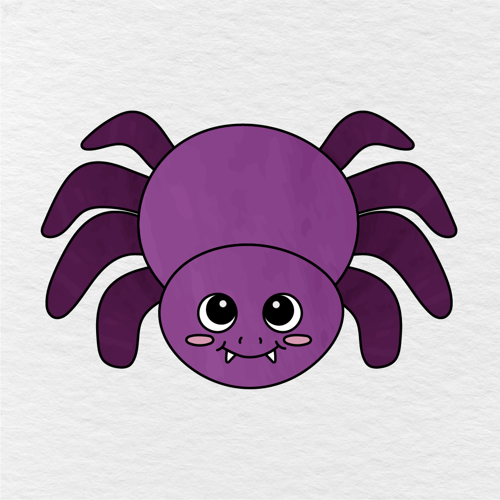 Step 11 Showing The Final Result Of A Purple Spider Drawing With Dark Legs, Pink Cheeks, And Bright Eyes.