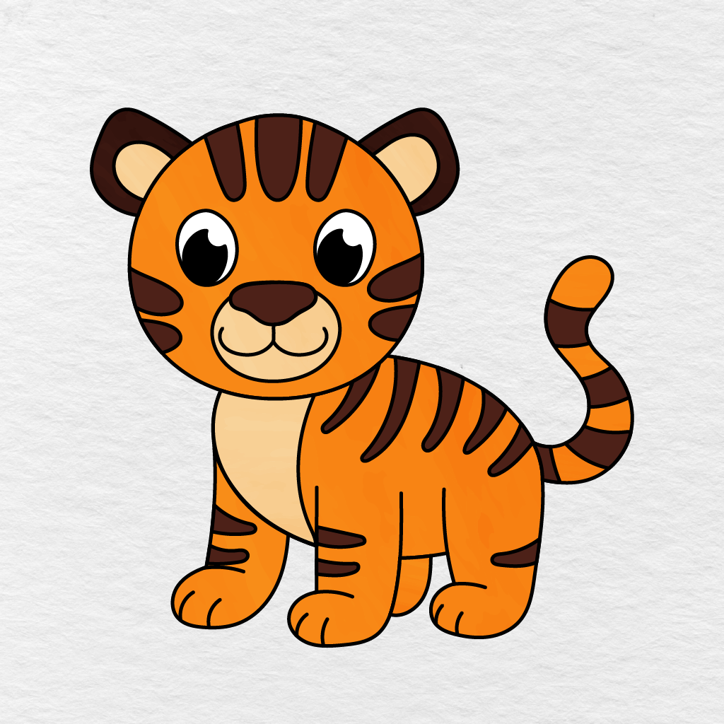 Finished Tiger Drawing Colored Orange With Dark Brown Stripes And Light Cream Details.