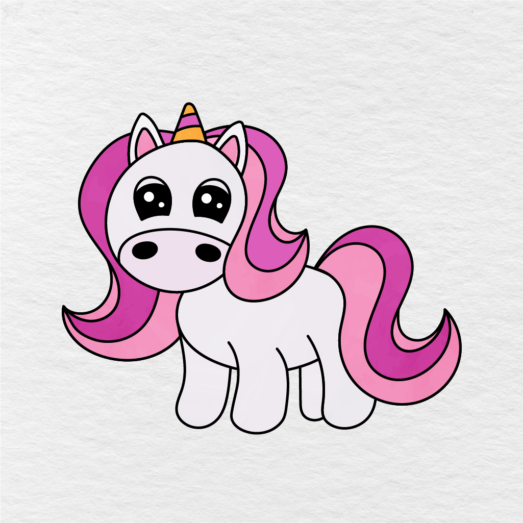 Step 17 Showing The Final Result Of A Unicorn Drawing With A Pink Mane, Pink Tail, And Striped Horn.