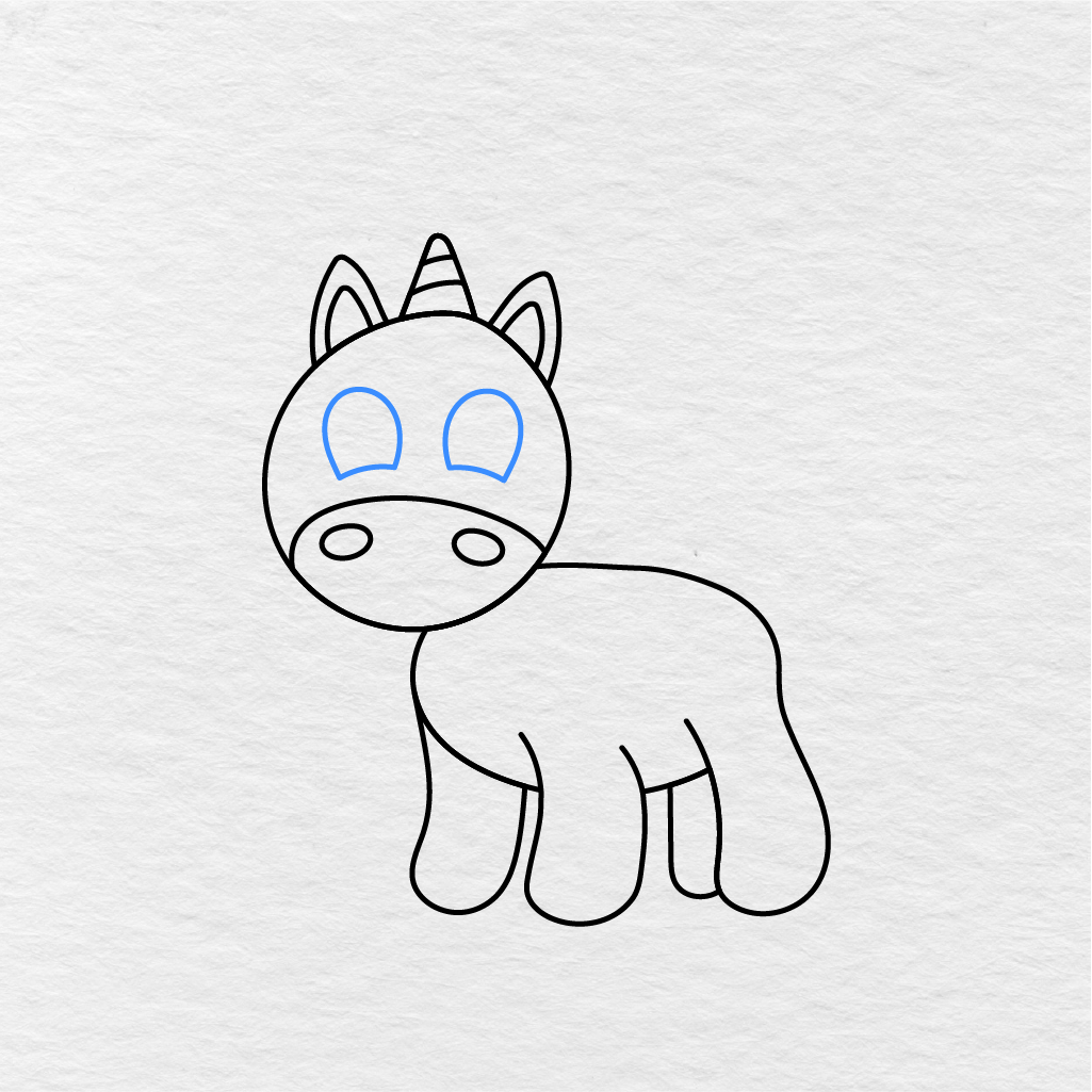 Step 9 Showing How To Draw A Unicorn With Two Large Eye Shapes.