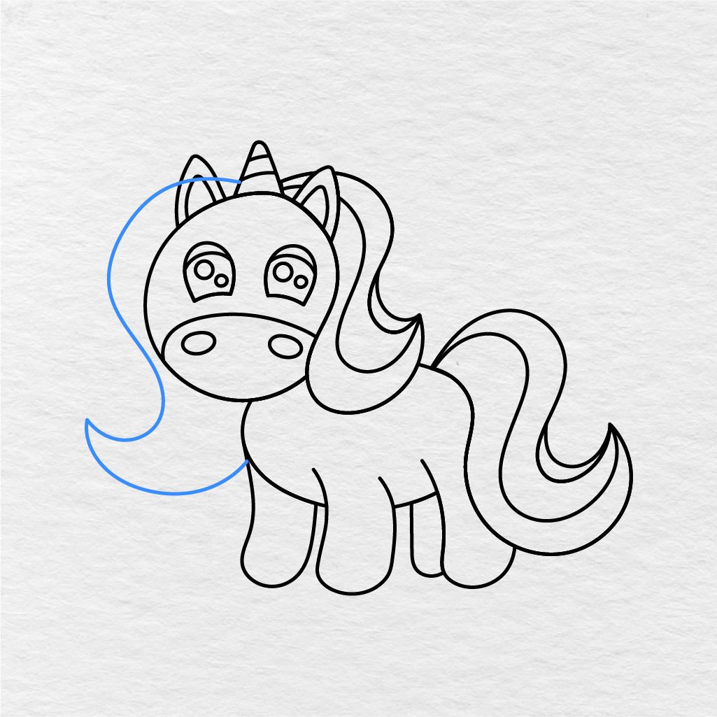 Step 15 Showing How To Draw A Unicorn With A Large Front Mane Outline.