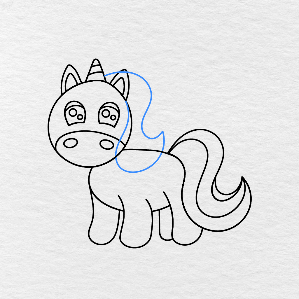 Step 13 Showing How To Draw A Unicorn With A Flowing Mane Outline Beside The Head.