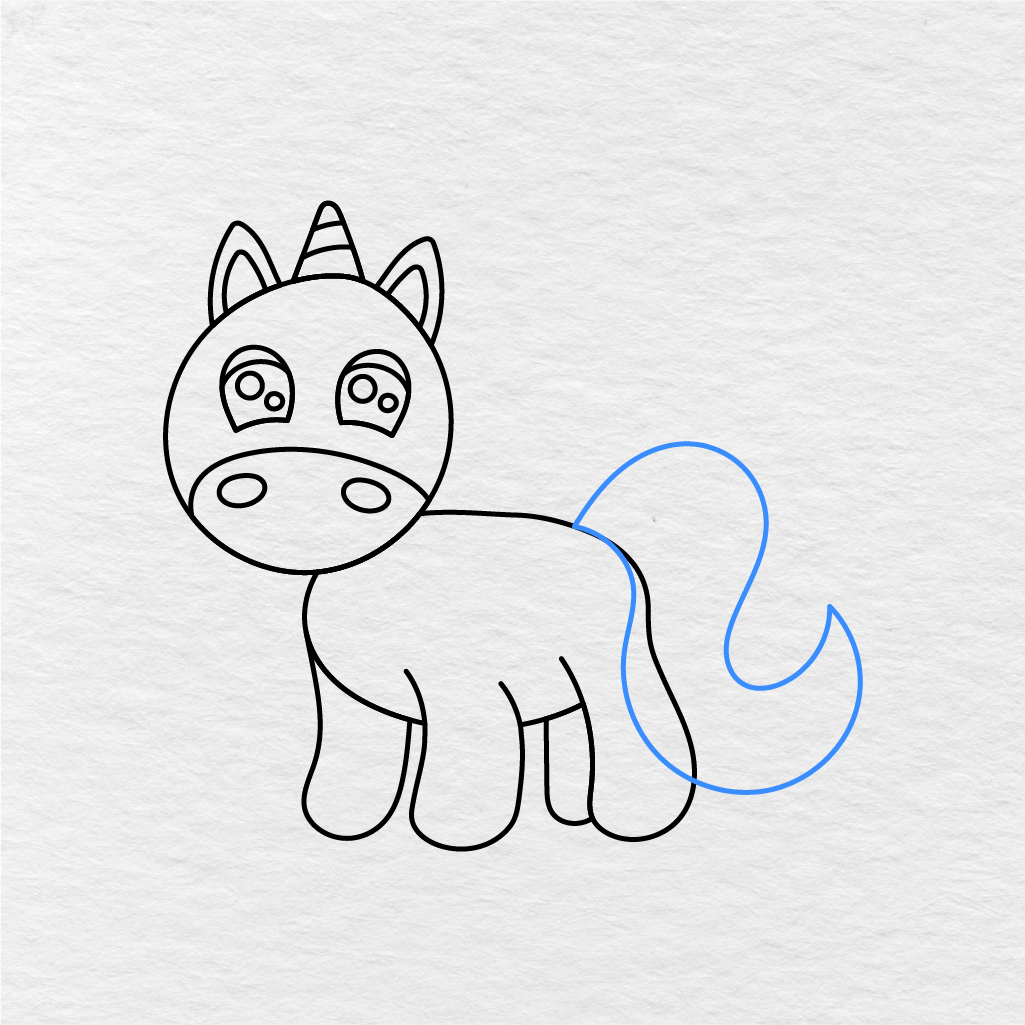 Step 11 Showing How To Draw A Unicorn With A Large Curved Tail Outline.
