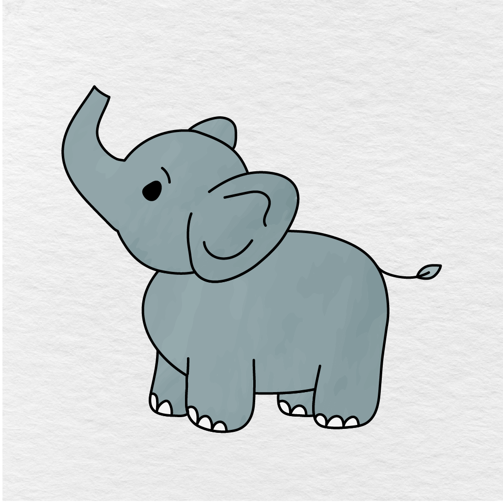 Step 9 Showing The Final Result Of A Gray Elephant Drawing With A Raised Trunk.