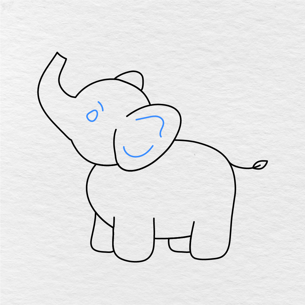 Step 7 Showing How To Draw An Elephant With Eye, Eyebrow, Ear Lines, And Smile.