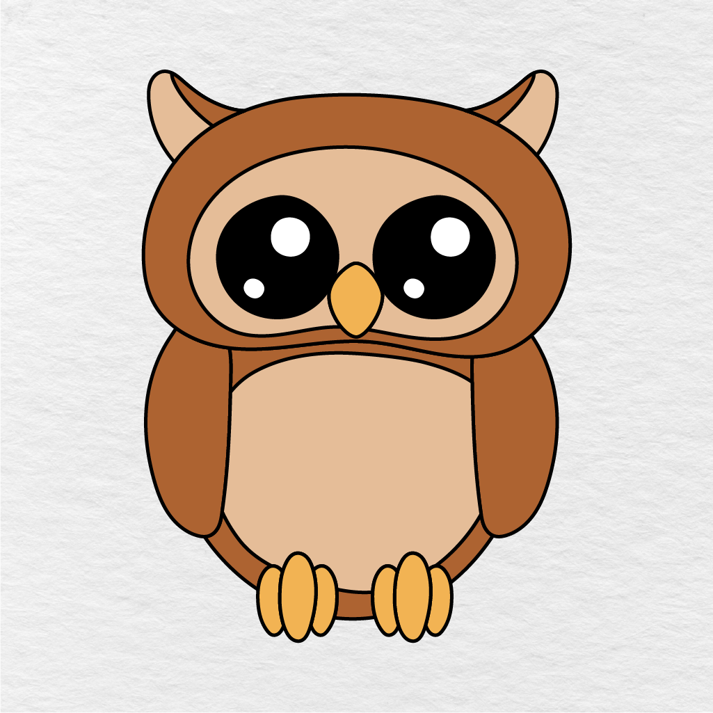 Step 10 Showing The Final Result Of A Colored Owl Drawing With Brown Feathers And Orange Feet.