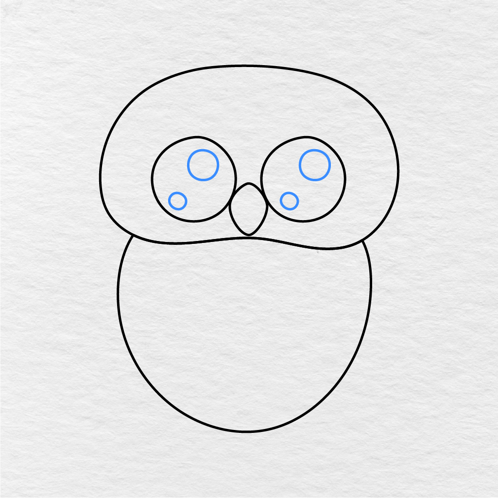 Step 5 Showing How To Draw An Owl With Small Highlight Circles Inside The Eyes.