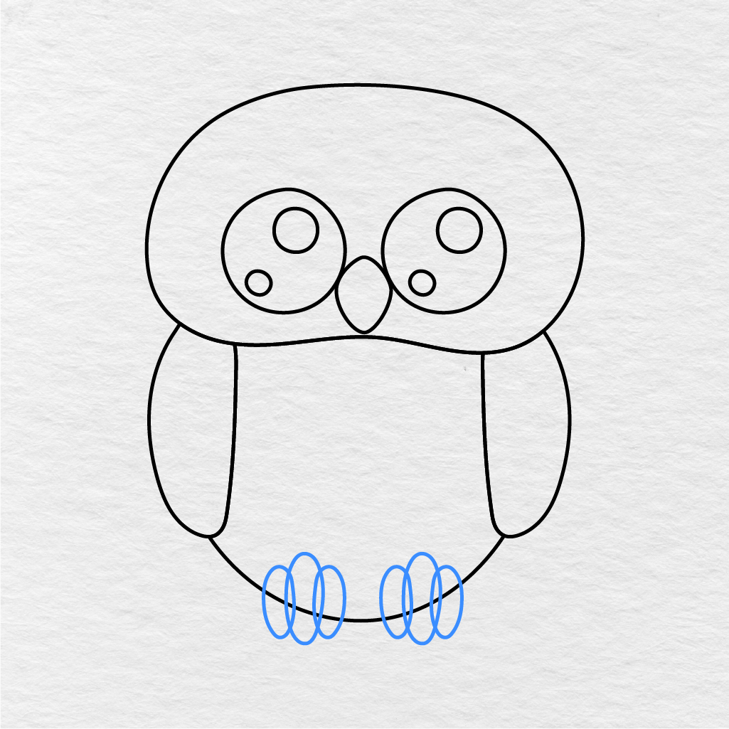 Step 7 Showing How To Draw An Owl With Small Oval Toes At The Bottom.
