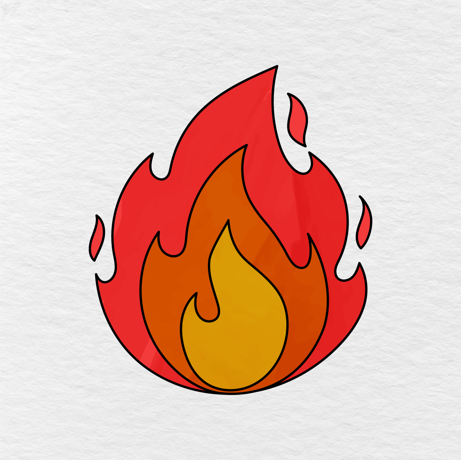 Step 6 Showing The Finished Fire Drawing Colored. The Fire Is Painted In Red, Orange, And Yellow Colors.