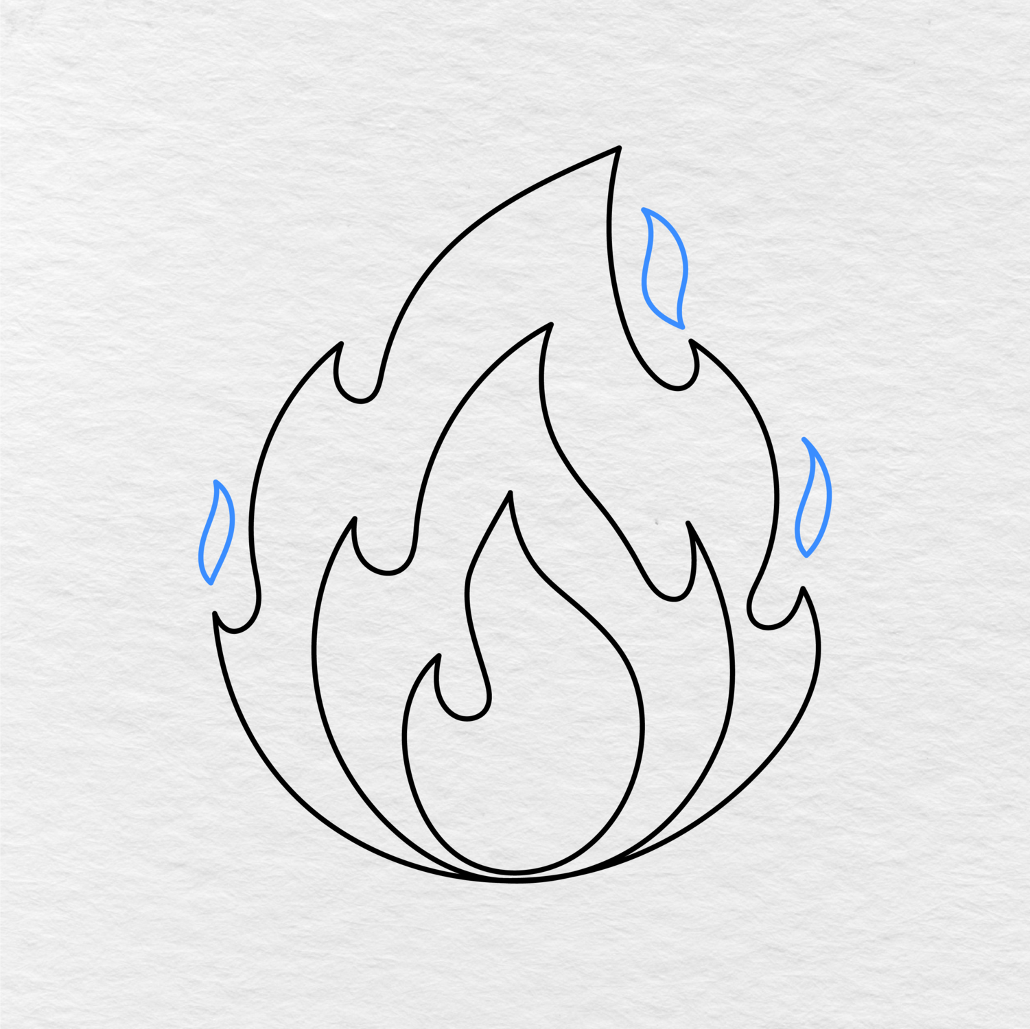 Step 5 Showing How To Draw Fire With Three Small Flames Added To The Sides Of The Bigger One.