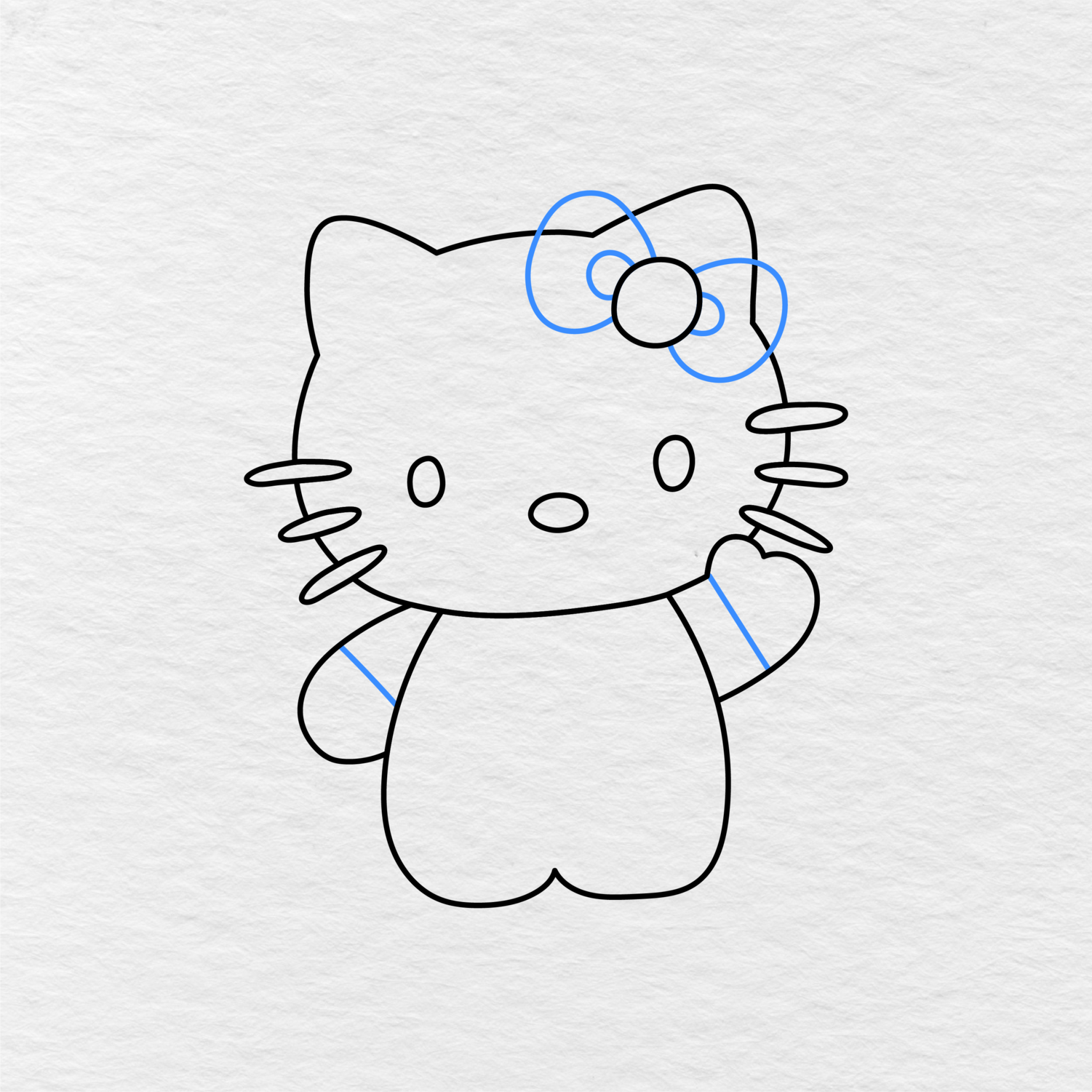 Step 5 Showing You How To Draw Hello Kitty And Finish The Bow While Also Adding The Sleeves.