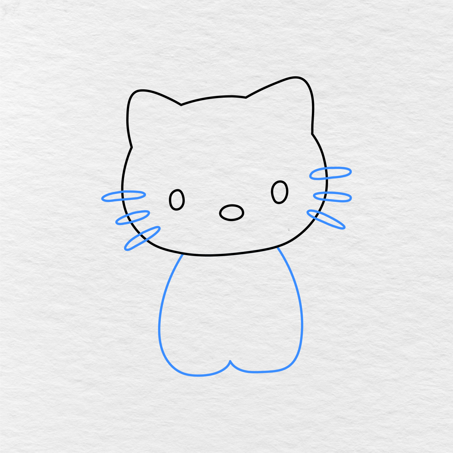 Step 3 Showing You How To Draw Hello Kitty With Three Whiskers On Each Side And A Rounded Body.