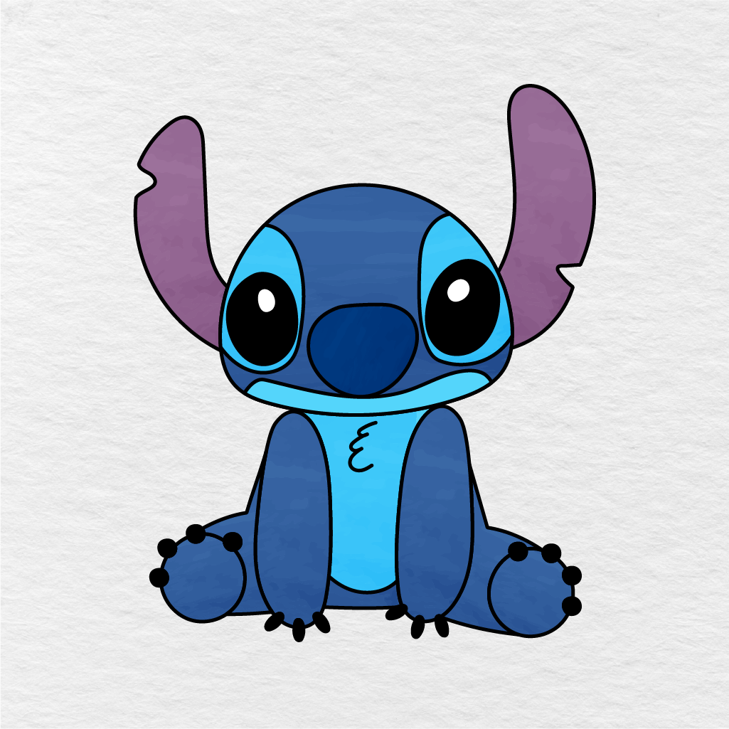 Step 13 Showing The Final Result Of A Colored Stitch Drawing With Blue Body And Purple Ears.
