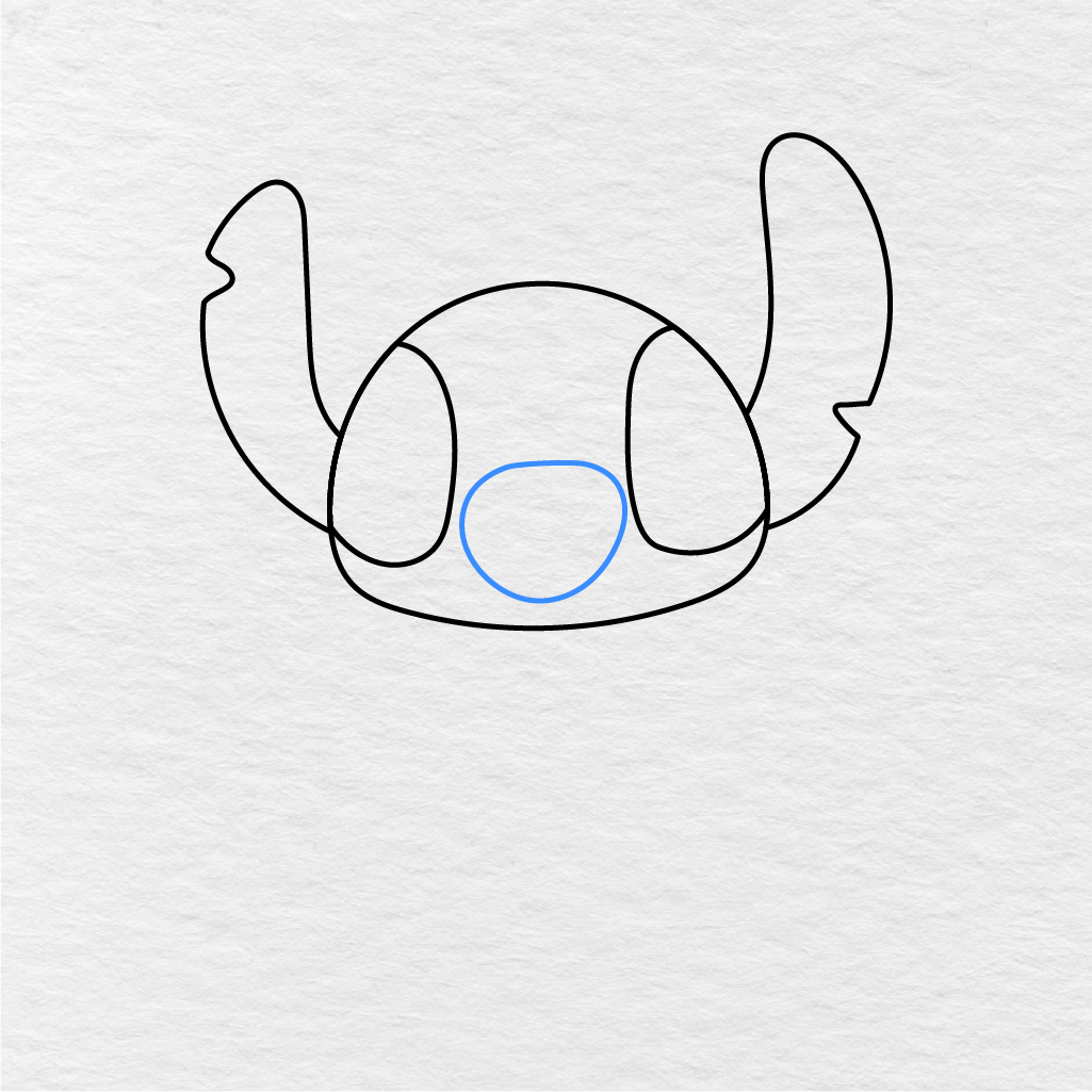 Step 4 Showing How To Draw Stitch With A Large Rounded Nose In The Center Of The Face.
