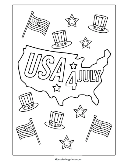 Coloring Page With Usa Map, Flags, And Stars For A Fun 4Th Of July Patriotic Celebration.