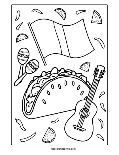 A 5 De Mayo Coloring Page With A Taco, Maracas, A Guitar, A Waving Flag, And Scattered Limes And Chili Peppers.