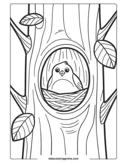A Bird Nesting In A Hollow Tree, Ideal For A Simple And Serene Bird Coloring Page For Kids.
