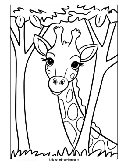 Giraffe Peeking From Trees In A Fun And Curious Coloring Page, Great For Adventurous Kids.