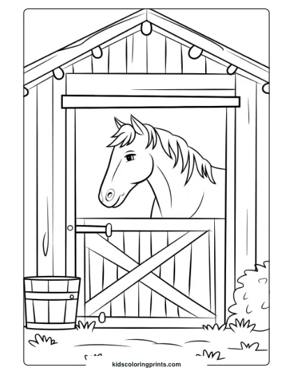 A Rustic Farm Horse In A Barn, Perfect For A Countryside Coloring Page.