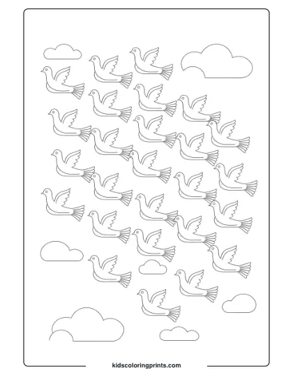 A Peaceful Flock Of Birds Soaring Above Clouds, Ideal For A Calming Coloring Experience.