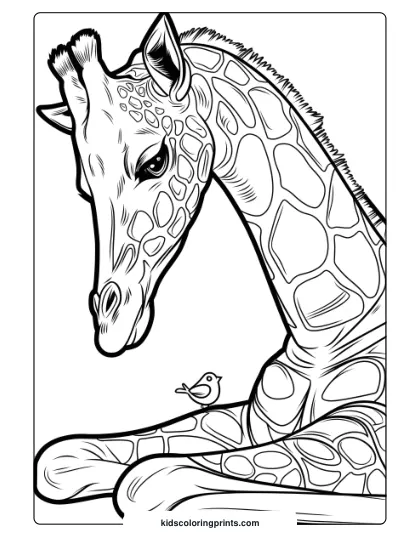 Giraffe And Bird In A Calm Coloring Page, Perfect For Those Who Love Serene Nature Scenes.