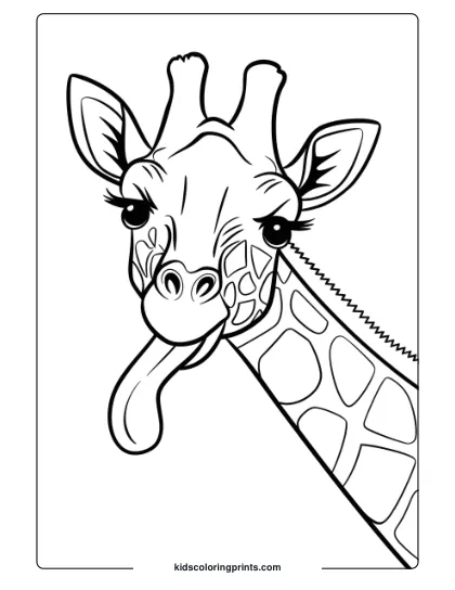 Giraffe Licking Its Nose In A Funny Coloring Page, Ideal For Children Who Enjoy Silly Animal Moments.