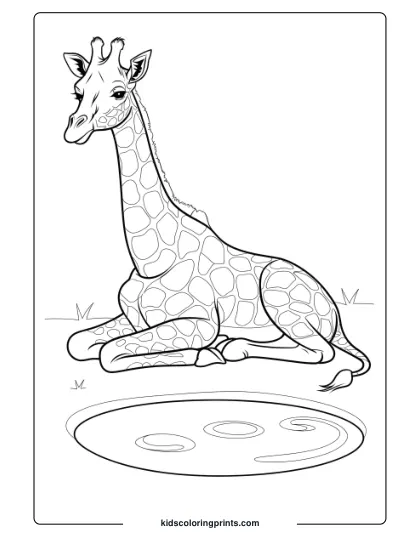 Giraffe Resting By A Pond In A Tranquil Coloring Page, Ideal For Calming And Peaceful Coloring.