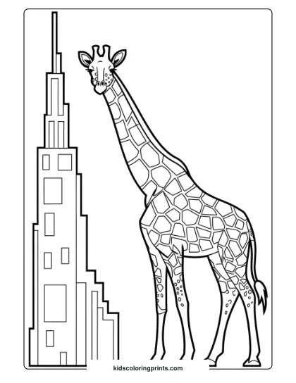 Giraffe By A Tower In A Playful Coloring Page, Great For Kids Who Enjoy Unique And Fun Illustrations.