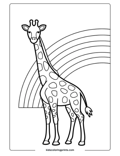 Giraffe With A Rainbow In A Delightful Coloring Page, Ideal For Bright And Happy Coloring Sessions.