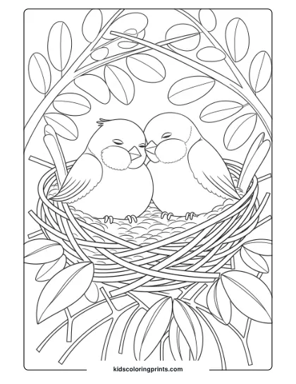 Birds In A Cozy Nest, Ideal For A Cute And Family-Themed Bird Coloring Page For Children.