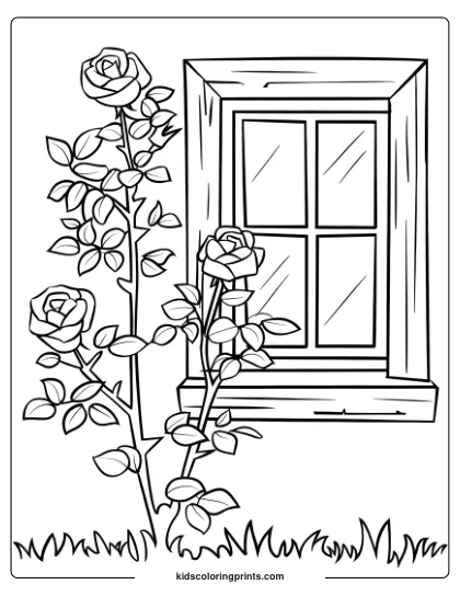 Coloring Page Of A Rose Bush By A Cottage Window, Blending Floral Beauty With Rustic Home Appeal.