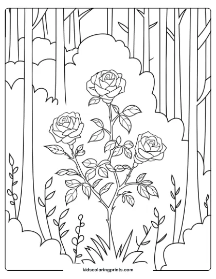 Forest-Themed Coloring Page Of A Rose Bush Among Trees, Blending Natural Beauty With Serene Surroundings.