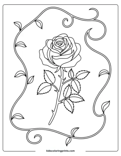 Coloring Page Of A Rose Encircled By Vines, Showcasing A Balanced, Decorative Floral Pattern For Coloring.